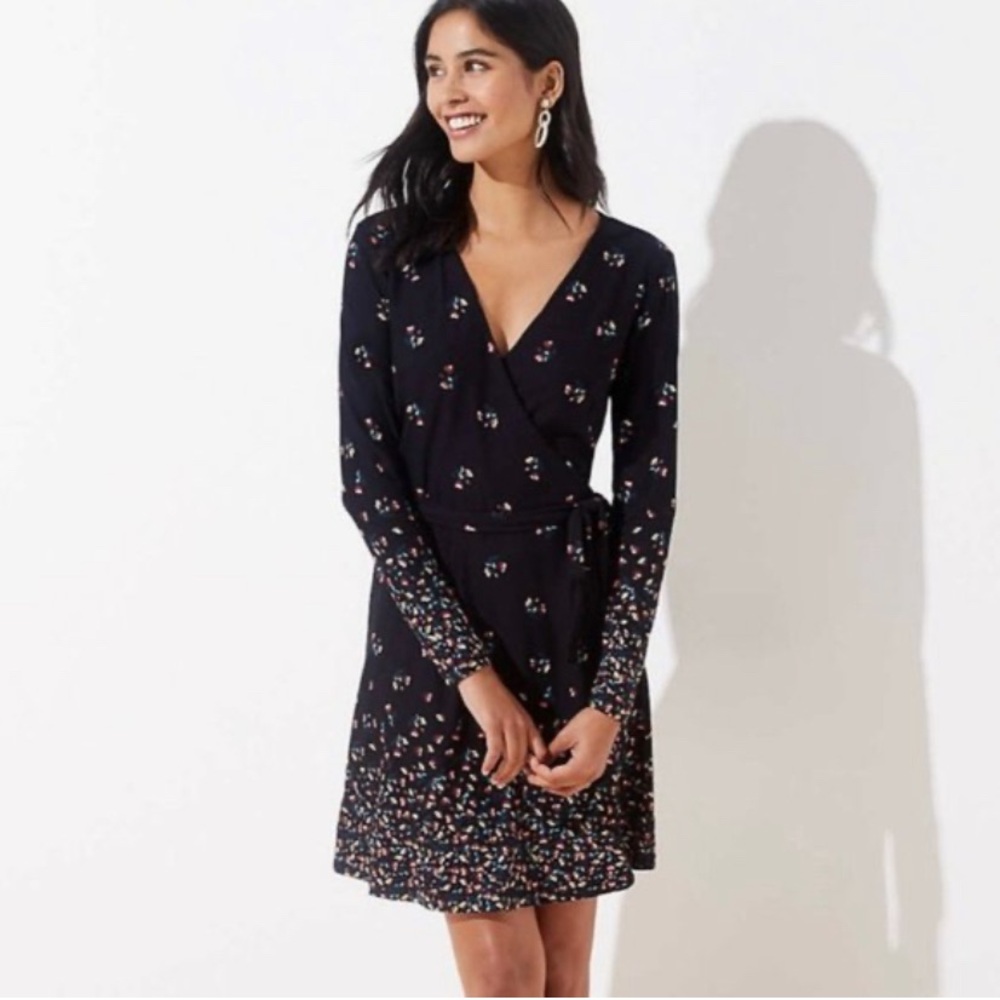Loft Soft Knit Wrap Floral Mini Dress Size SP Petite Long Sleeves Black V-Neck